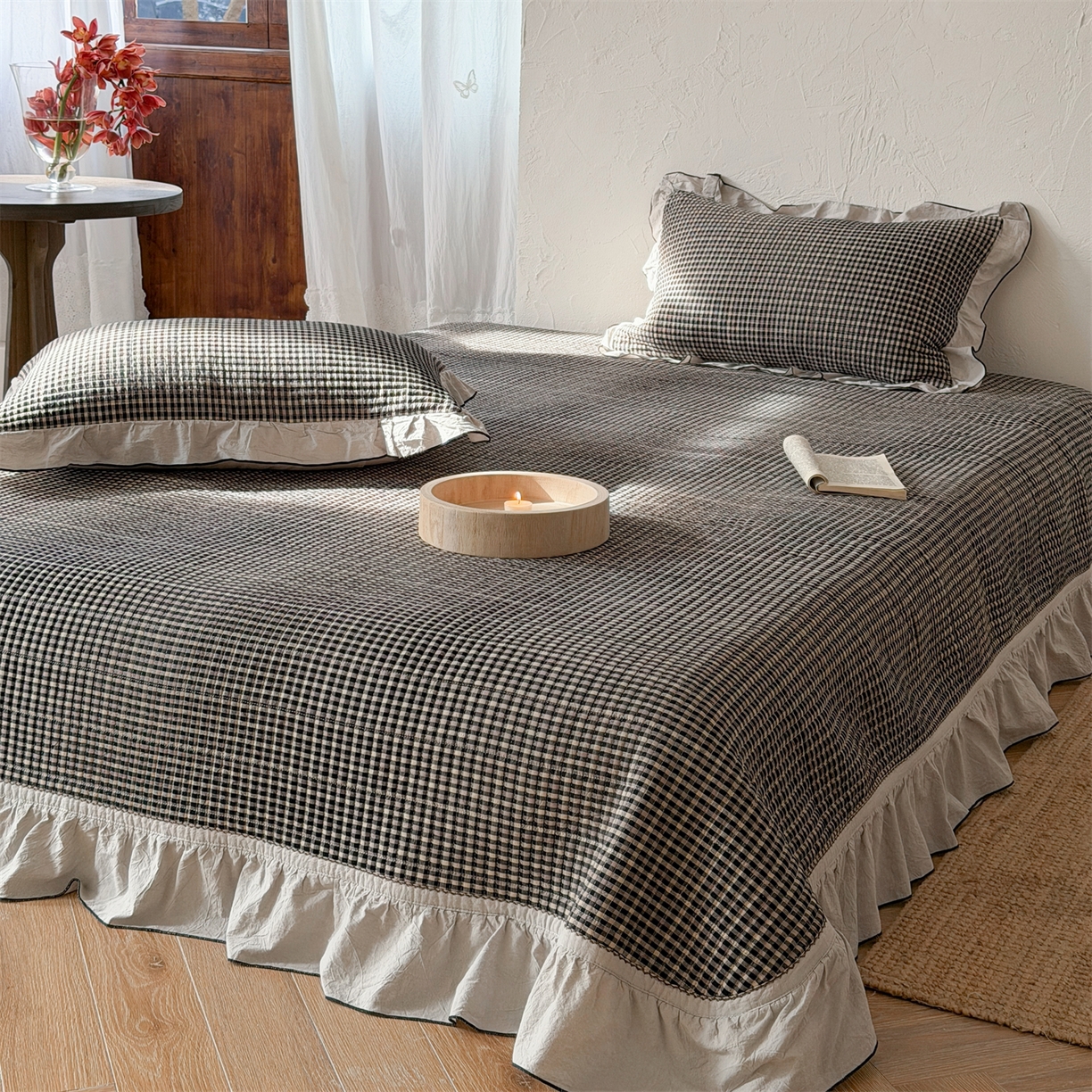 91家纺网 家纺一手货源 找家纺 欣宜家纺 2026新款全棉色织水洗棉床盖三件套 奥利奥格