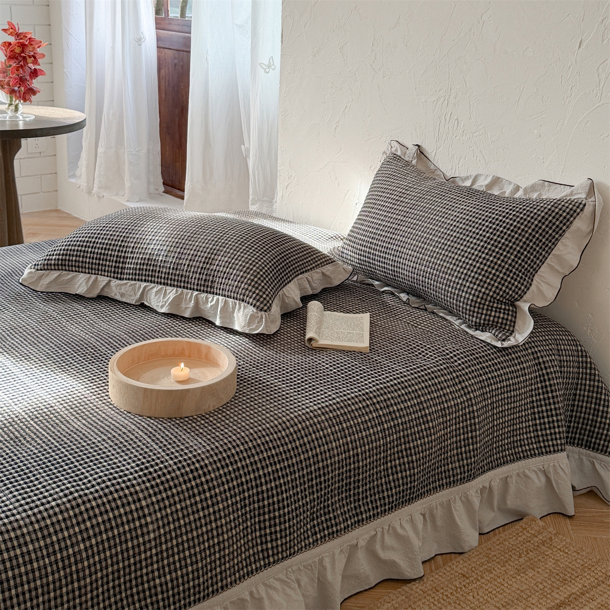 91家纺网 家纺一手货源 找家纺 欣宜家纺 2026新款全棉色织水洗棉床盖三件套 奥利奥格