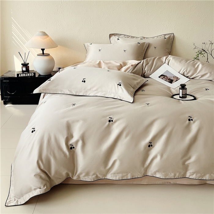 91家纺网 家纺一手货源 找家纺 （总）琪格格纺织 2026新款100s纯棉贡缎纯色长绒棉纯棉樱桃刺绣床上用品四件套