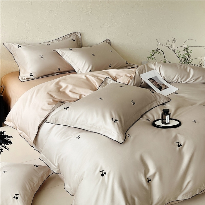 91家纺网 家纺一手货源 找家纺 （总）琪格格纺织 2026新款100s纯棉贡缎纯色长绒棉纯棉樱桃刺绣床上用品四件套