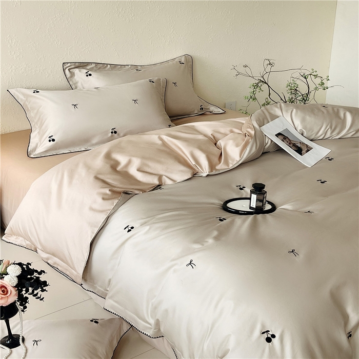 91家纺网 家纺一手货源 找家纺 （总）琪格格纺织 2026新款100s纯棉贡缎纯色长绒棉纯棉樱桃刺绣床上用品四件套