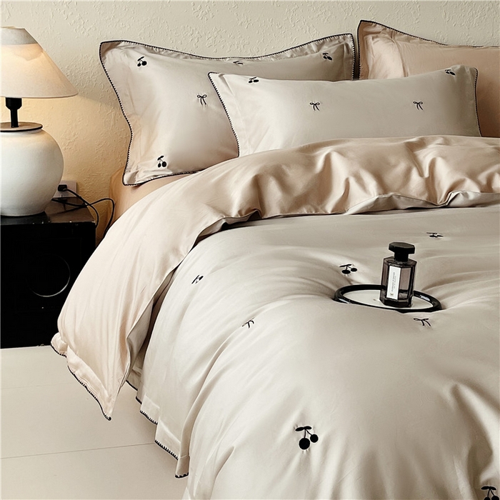 91家纺网 家纺一手货源 找家纺 （总）琪格格纺织 2026新款100s纯棉贡缎纯色长绒棉纯棉樱桃刺绣床上用品四件套