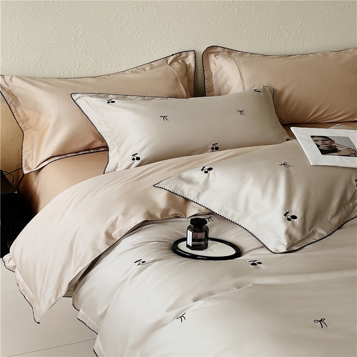 91家纺网 家纺一手货源 找家纺 （总）琪格格纺织 2026新款100s纯棉贡缎纯色长绒棉纯棉樱桃刺绣床上用品四件套