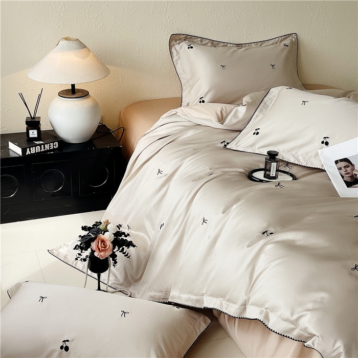 91家纺网 家纺一手货源 找家纺 （总）琪格格纺织 2026新款100s纯棉贡缎纯色长绒棉纯棉樱桃刺绣床上用品四件套