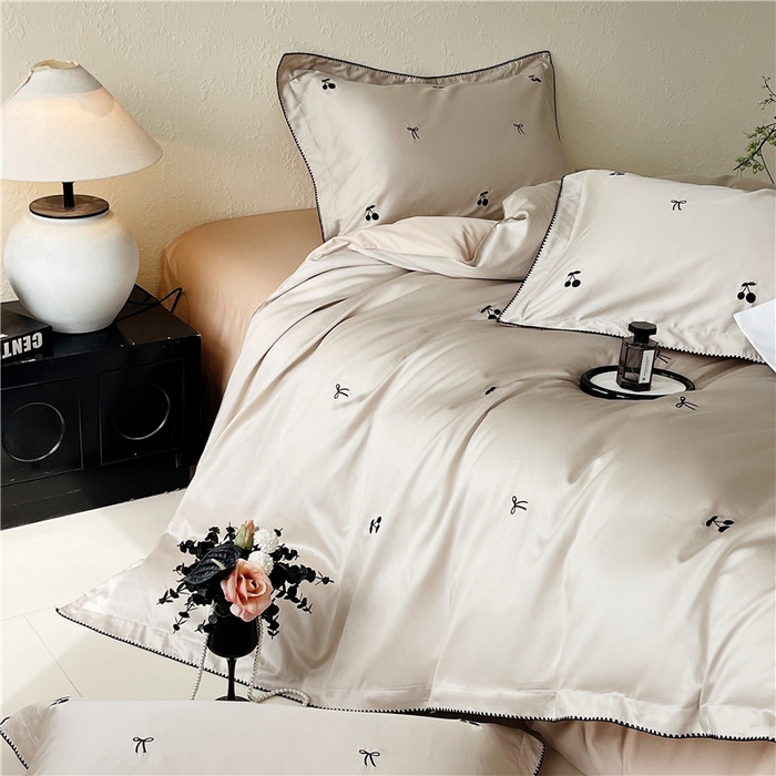 91家纺网 家纺一手货源 找家纺 （总）琪格格纺织 2026新款100s纯棉贡缎纯色长绒棉纯棉樱桃刺绣床上用品四件套