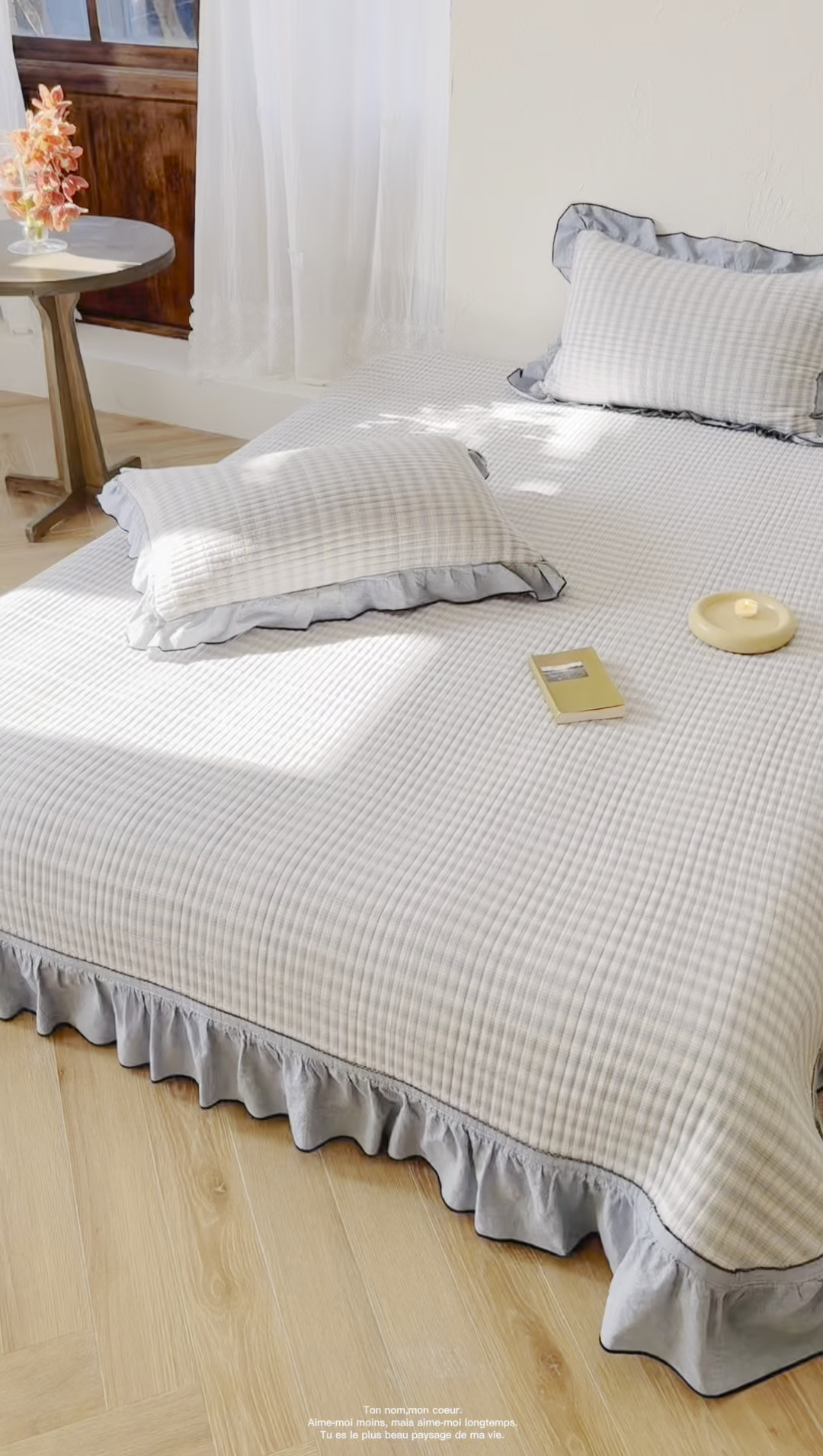 91家纺网 家纺一手货源 找家纺 欣宜家纺 2026新款全棉色织水洗棉床盖三件套 海盐细格