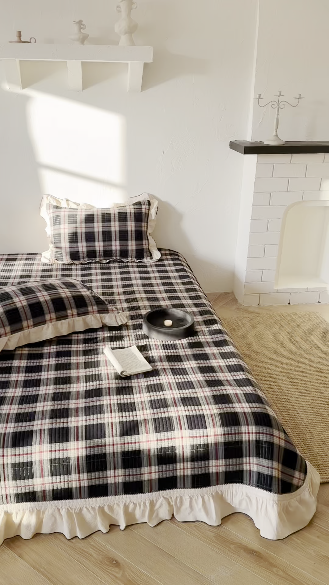 91家纺网 家纺一手货源 找家纺 欣宜家纺 2026新款全棉色织水洗棉床盖三件套 英伦格纹