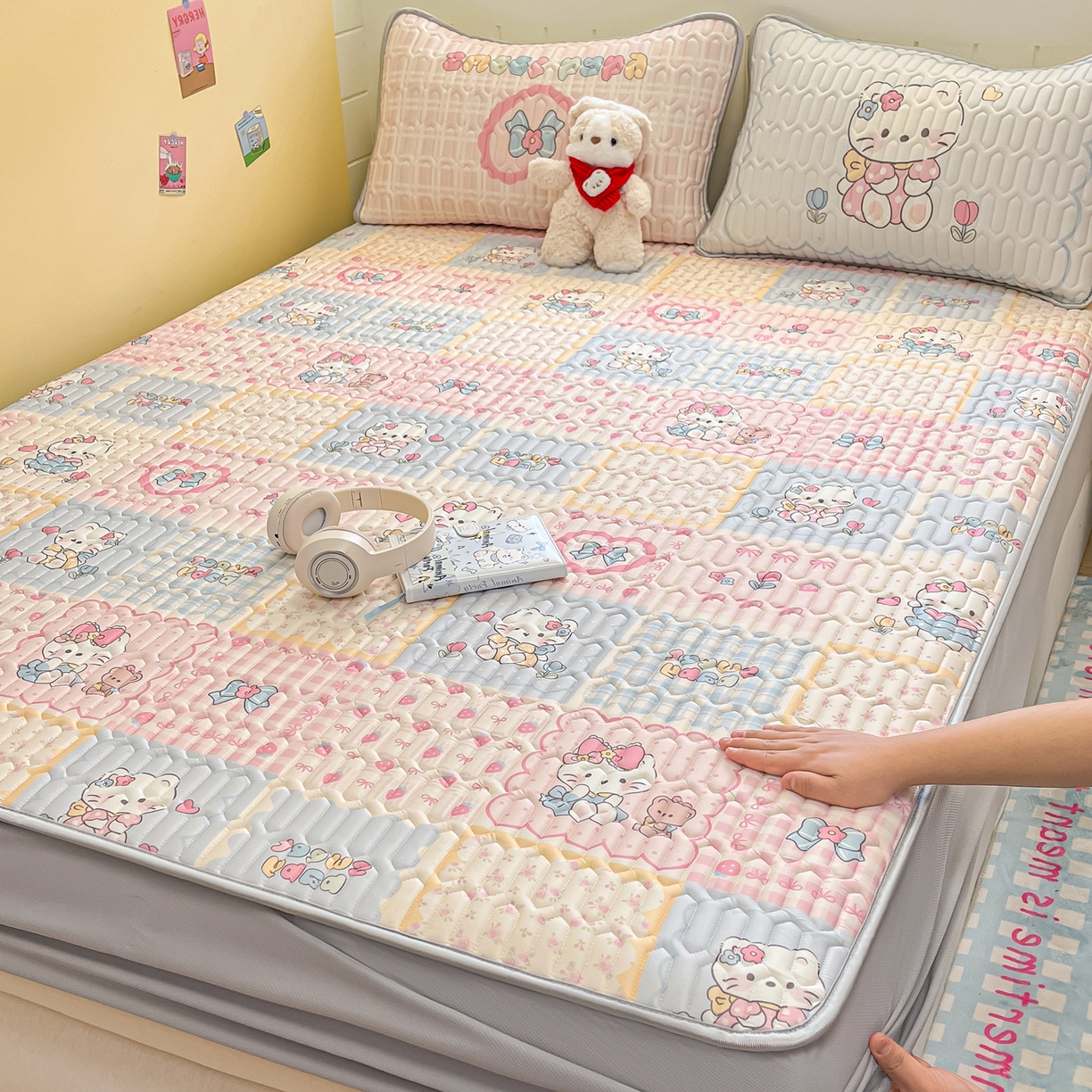 摩妮卡 2026春夏新款凉感丝印花小清新乳胶凉席席子床笠款三件套 猫猫手账