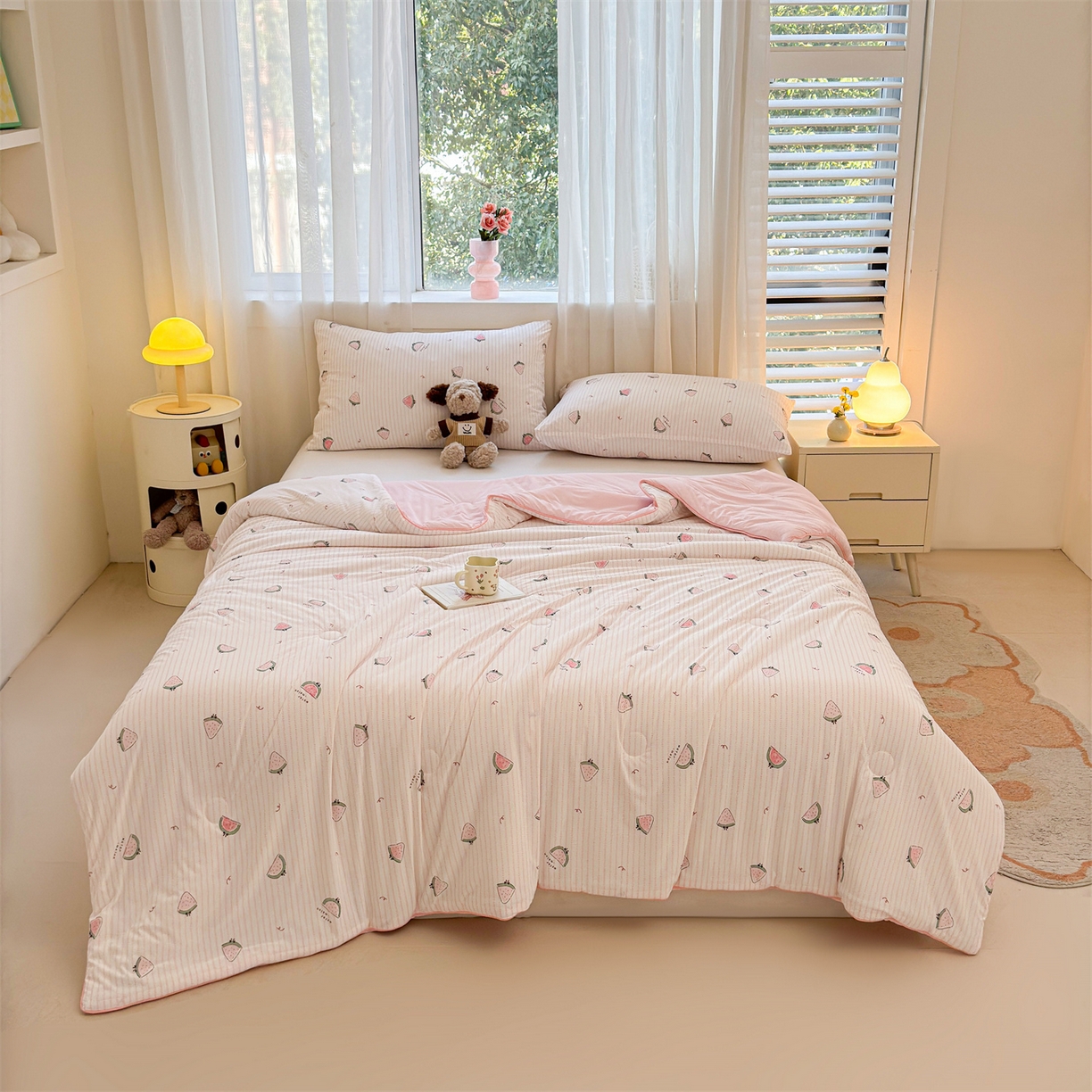 91家纺网 家纺一手货源 找家纺 景眠 2026新款凉感丝印花仿锦氨大豆夏被夏凉被空调被 西瓜派