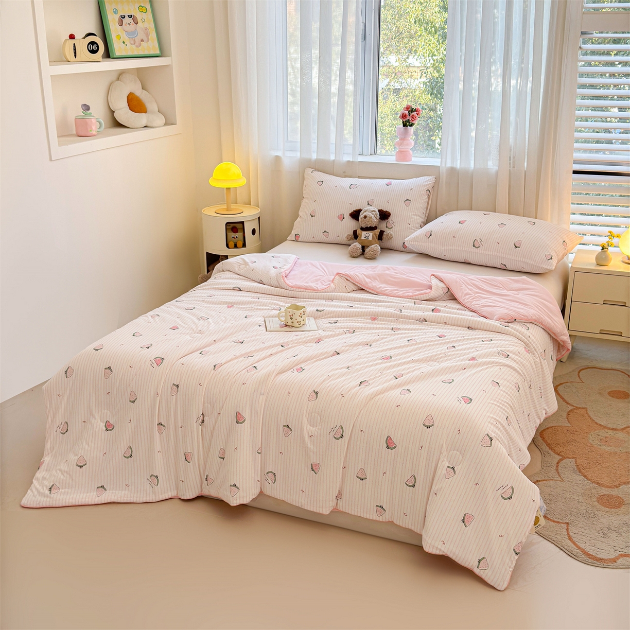 91家纺网 家纺一手货源 找家纺 景眠 2026新款凉感丝印花仿锦氨大豆夏被夏凉被空调被 西瓜派