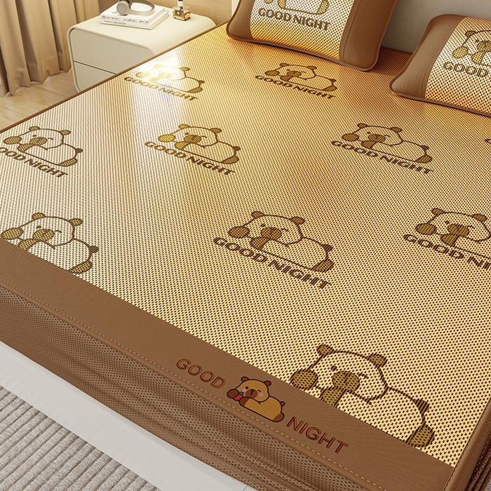 91家纺网 家纺一手货源 找家纺 好福居 2026新款冰藤刺绣凉感席凉席-卡皮巴拉款-小熊款 冰藤卡皮巴拉-咖-床笠款