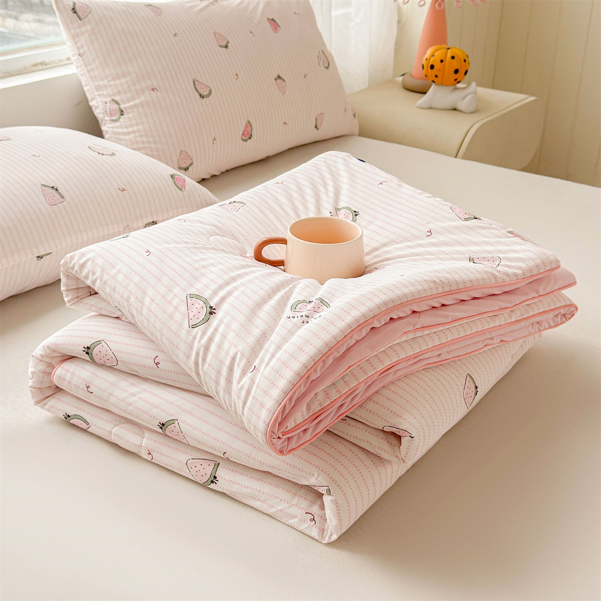 91家纺网 家纺一手货源 找家纺 景眠 2026新款凉感丝印花仿锦氨大豆夏被夏凉被空调被 西瓜派