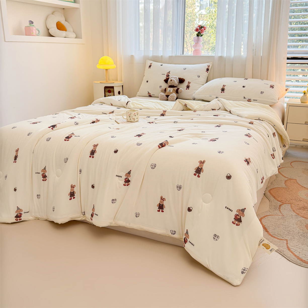 91家纺网 家纺一手货源 找家纺 景眠 2026新款凉感丝印花仿锦氨大豆夏被夏凉被空调被 甜心小熊