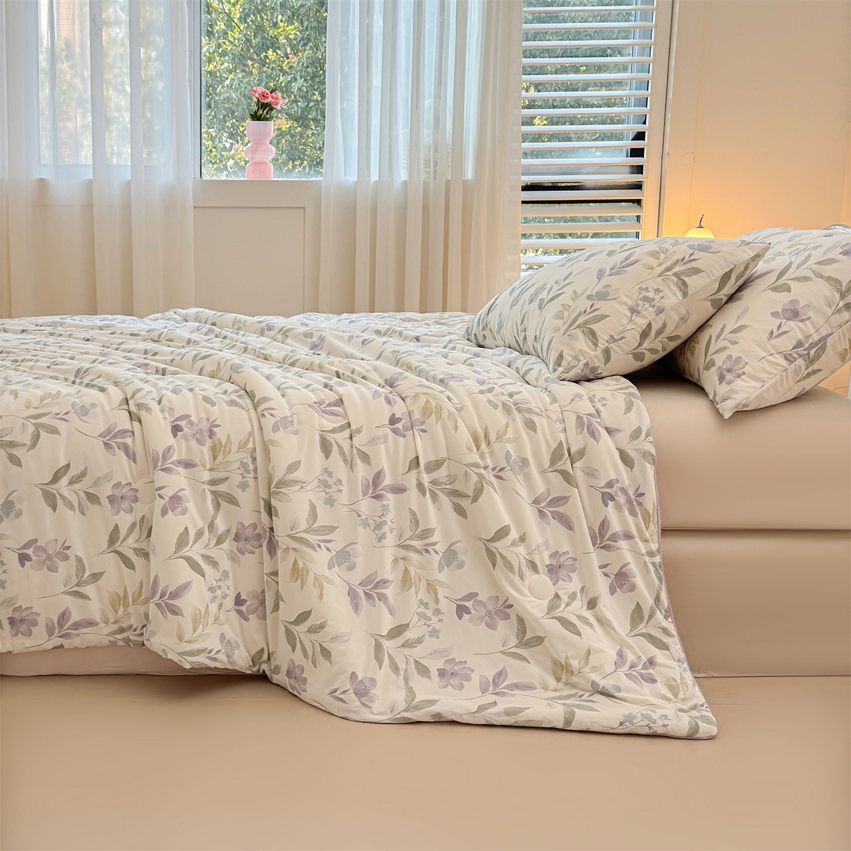 91家纺网 家纺一手货源 找家纺 景眠 2026新款凉感丝印花仿锦氨大豆夏被夏凉被空调被 叶柔苏夏