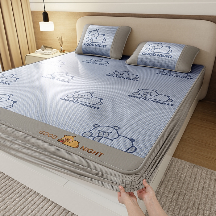 好福居 2026新款冰藤刺绣凉感席凉席-卡皮巴拉款-小熊款 冰藤卡皮巴拉-蓝--床笠款