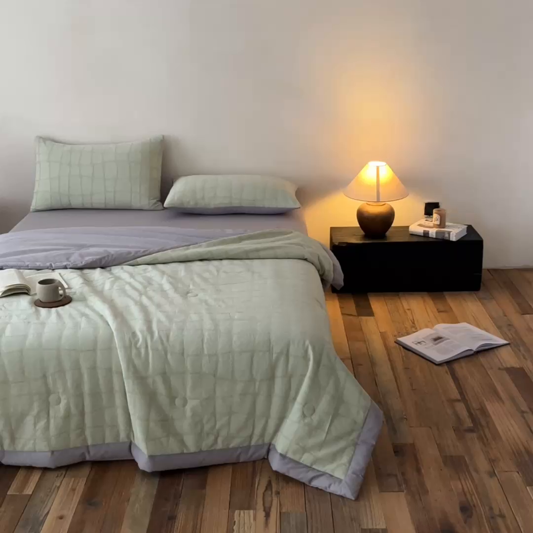 91家纺网 家纺一手货源 找家纺 吾秀家居 2026新款全棉纯棉大提花新疆棉花夏被夏凉被空调被四件套-石纹 石纹-浅绿