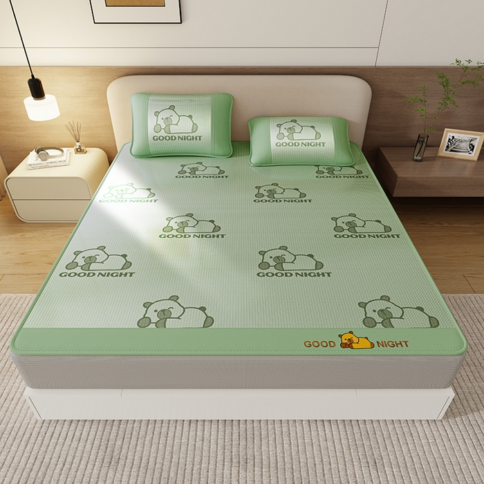 91家纺网 家纺一手货源 找家纺 好福居 2026新款冰藤刺绣凉感席凉席-卡皮巴拉款-小熊款 冰藤卡皮巴拉-绿-床笠款