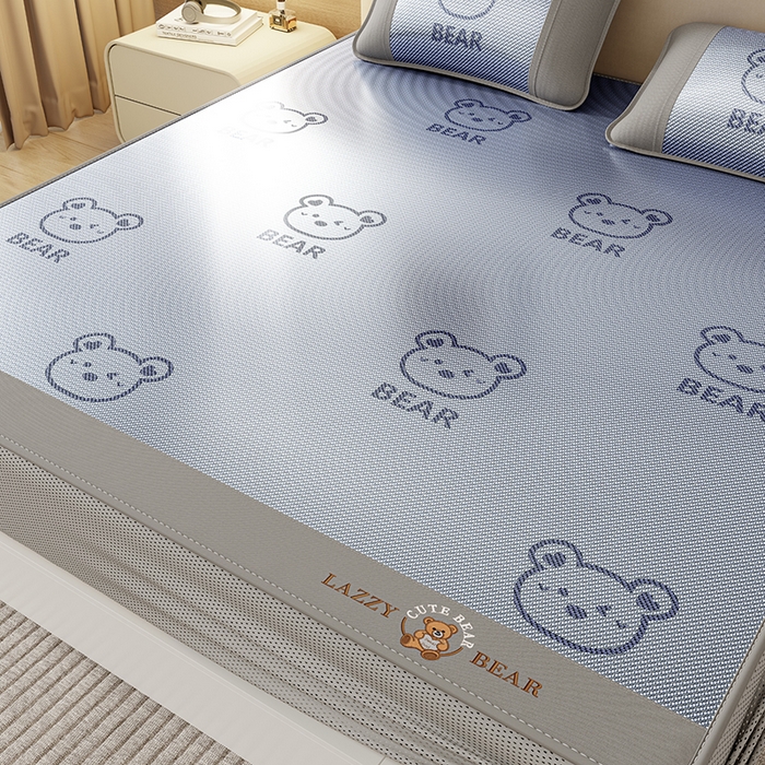 91家纺网 家纺一手货源 找家纺 好福居 2026新款冰藤刺绣凉感席凉席-卡皮巴拉款-小熊款 冰藤小熊-蓝-床笠款