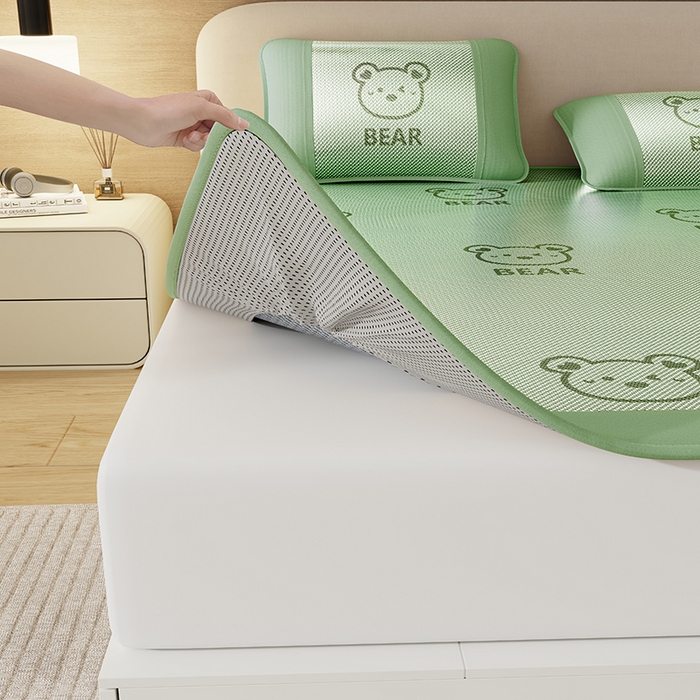 91家纺网 家纺一手货源 找家纺 好福居 2026新款冰藤刺绣凉感席凉席-卡皮巴拉款-小熊款 冰藤小熊-绿-床笠款