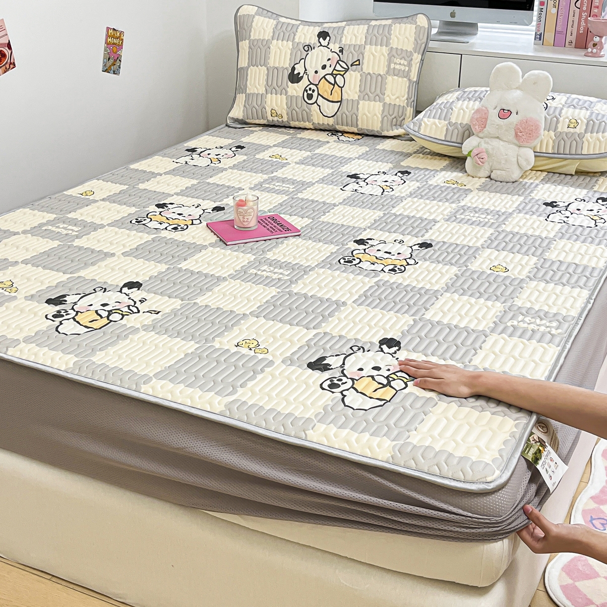 摩妮卡 2026春夏新款凉感丝印花小清新乳胶凉席席子床笠款三件套 棋格小狗