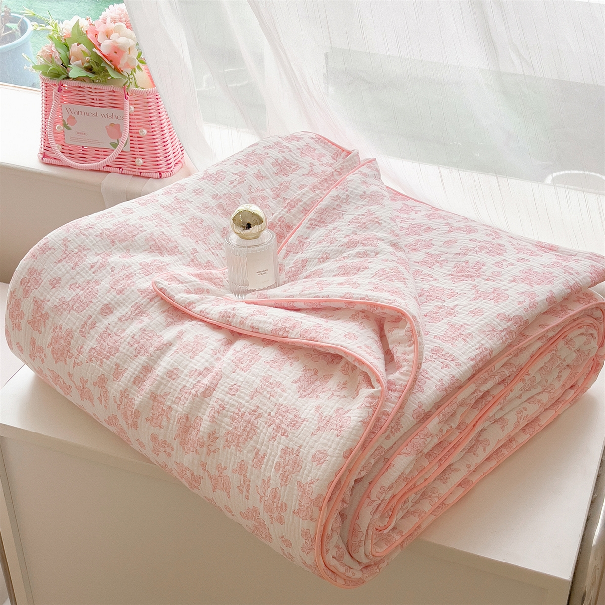 91家纺网 家纺一手货源 找家纺 兄弟坊 2026春夏新款全棉纯棉印花双层皱皱纱(滚边款)夏被纱布夏凉被午睡被盖毯夏凉被 花影梦痕