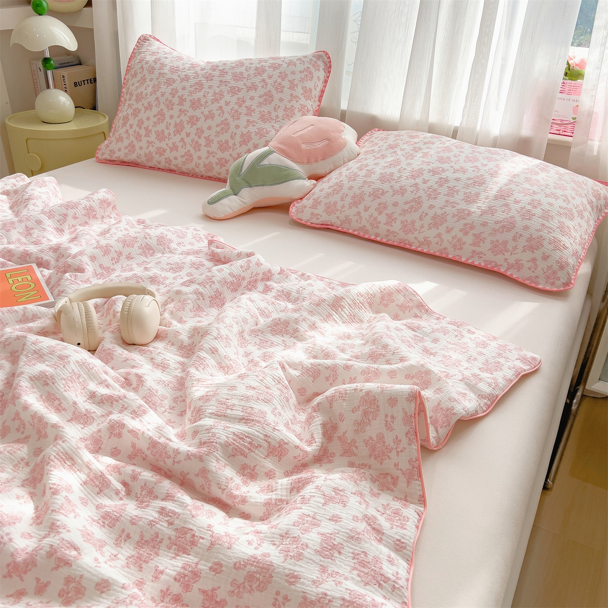 91家纺网 家纺一手货源 找家纺 兄弟坊 2026春夏新款全棉纯棉印花双层皱皱纱(滚边款)夏被纱布夏凉被午睡被盖毯夏凉被 花影梦痕