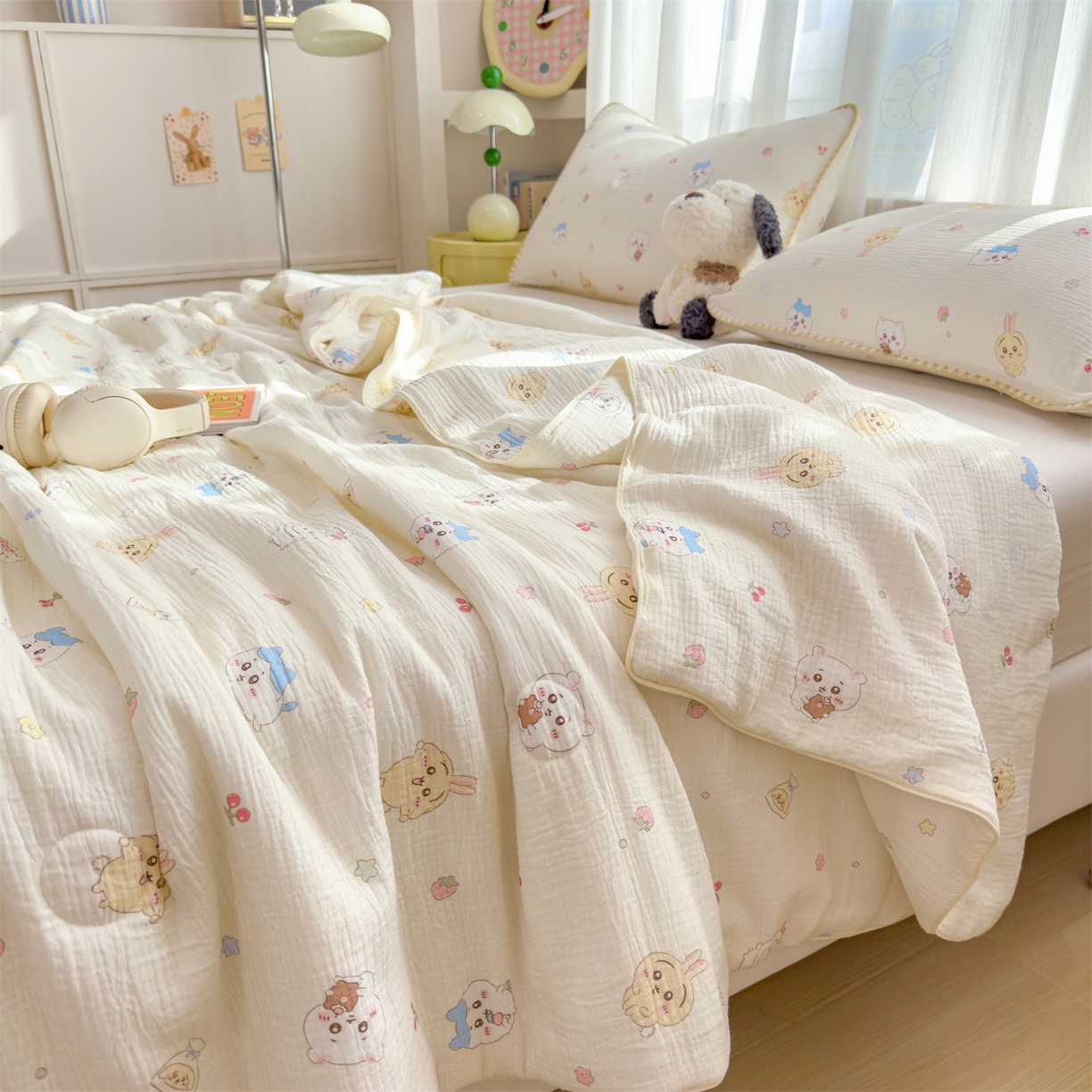 91家纺网 家纺一手货源 找家纺 兄弟坊 2026春夏新款全棉纯棉印花双层皱皱纱(滚边款)夏被纱布夏凉被午睡被盖毯夏凉被 吉伊眠