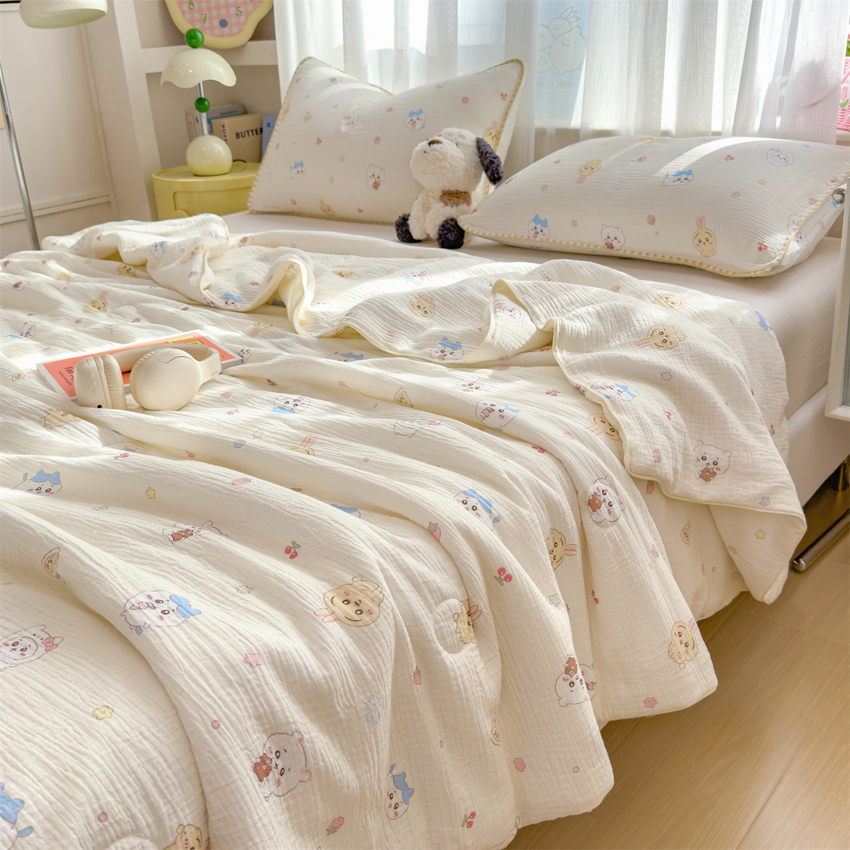 91家纺网 家纺一手货源 找家纺 兄弟坊 2026春夏新款全棉纯棉印花双层皱皱纱(滚边款)夏被纱布夏凉被午睡被盖毯夏凉被 吉伊眠