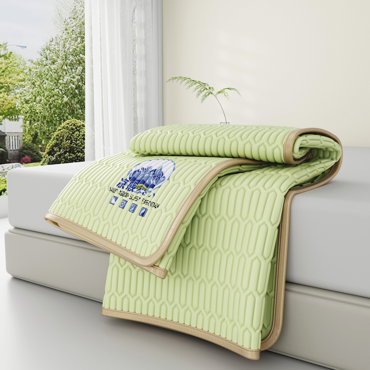 91家纺网 家纺一手货源 找家纺 家品罗兰 2026新款夏季A类乳胶冰丝席纯色家用双人冰丝席宿舍席子软可机洗折叠床单软垫床垫夏天空调席两三件套 富士山-果绿