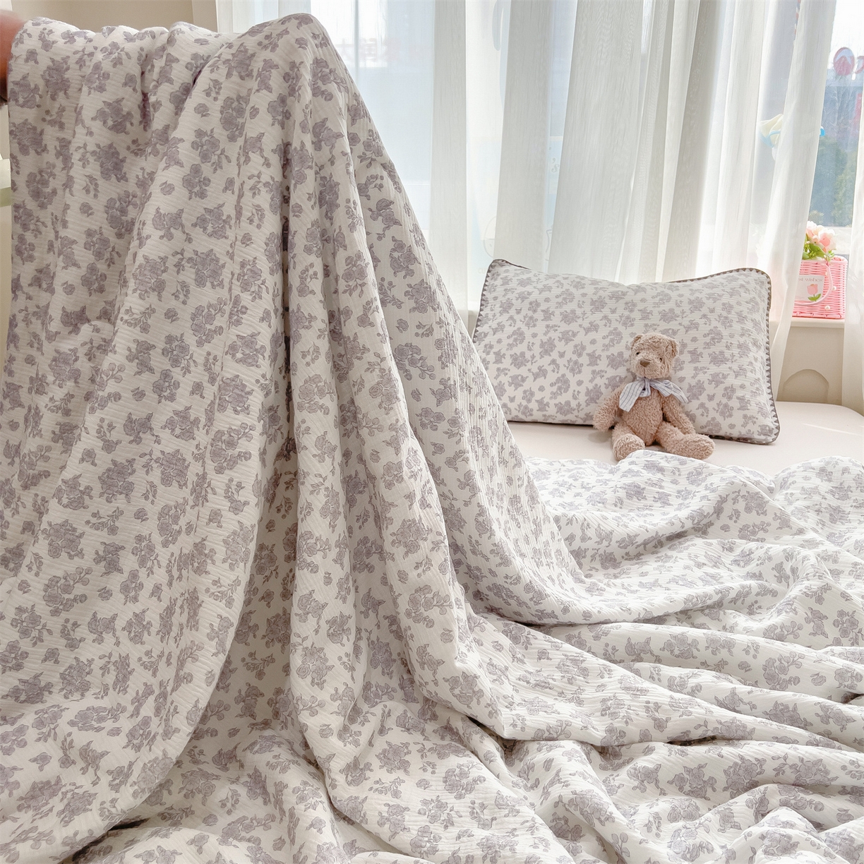 91家纺网 家纺一手货源 找家纺 兄弟坊 2026春夏新款全棉纯棉印花双层皱皱纱(滚边款)夏被纱布夏凉被午睡被盖毯夏凉被 莫奈雾