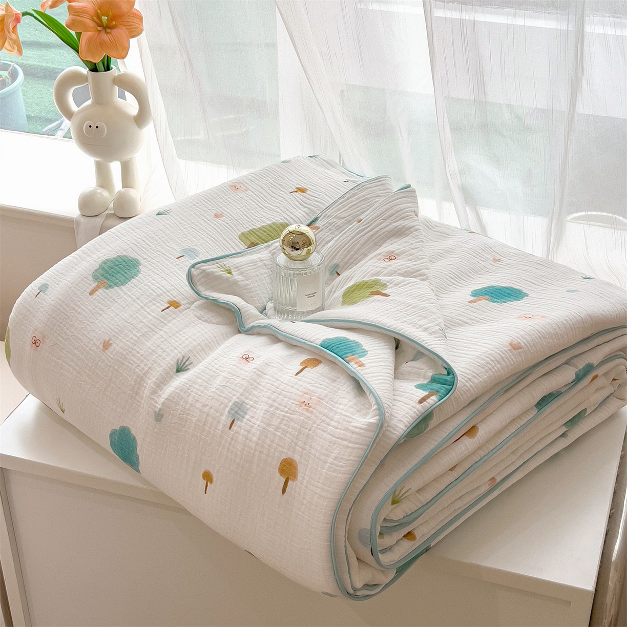 91家纺网 家纺一手货源 找家纺 兄弟坊 2026春夏新款全棉纯棉印花双层皱皱纱(滚边款)夏被纱布夏凉被午睡被盖毯夏凉被 青芽夏