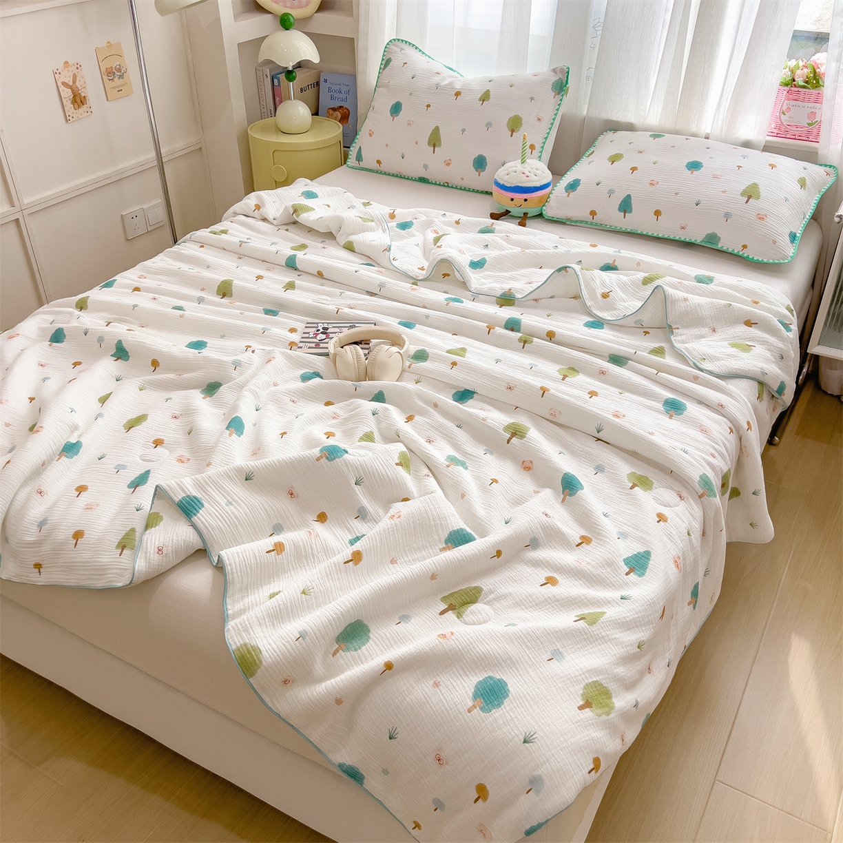 91家纺网 家纺一手货源 找家纺 兄弟坊 2026春夏新款全棉纯棉印花双层皱皱纱(滚边款)夏被纱布夏凉被午睡被盖毯夏凉被 青芽夏