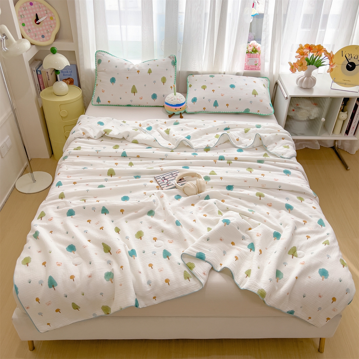 91家纺网 家纺一手货源 找家纺 兄弟坊 2026春夏新款全棉纯棉印花双层皱皱纱(滚边款)夏被纱布夏凉被午睡被盖毯夏凉被 青芽夏