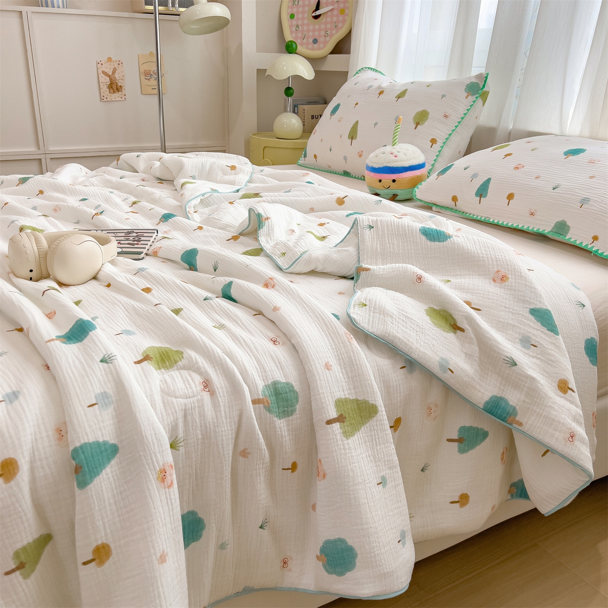 91家纺网 家纺一手货源 找家纺 兄弟坊 2026春夏新款全棉纯棉印花双层皱皱纱(滚边款)夏被纱布夏凉被午睡被盖毯夏凉被 青芽夏