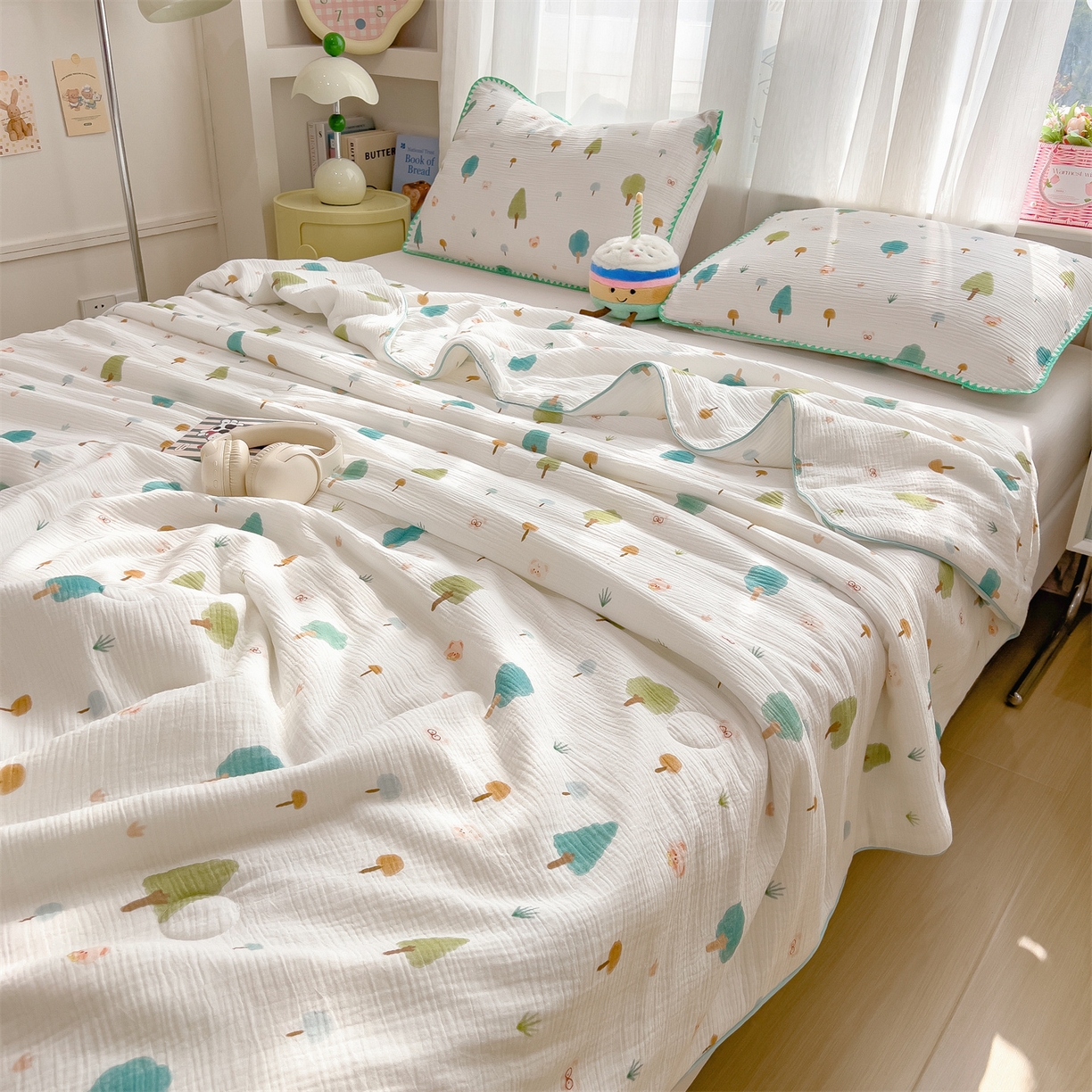 91家纺网 家纺一手货源 找家纺 兄弟坊 2026春夏新款全棉纯棉印花双层皱皱纱(滚边款)夏被纱布夏凉被午睡被盖毯夏凉被 青芽夏