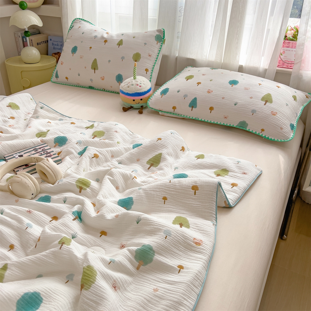 91家纺网 家纺一手货源 找家纺 兄弟坊 2026春夏新款全棉纯棉印花双层皱皱纱(滚边款)夏被纱布夏凉被午睡被盖毯夏凉被 青芽夏