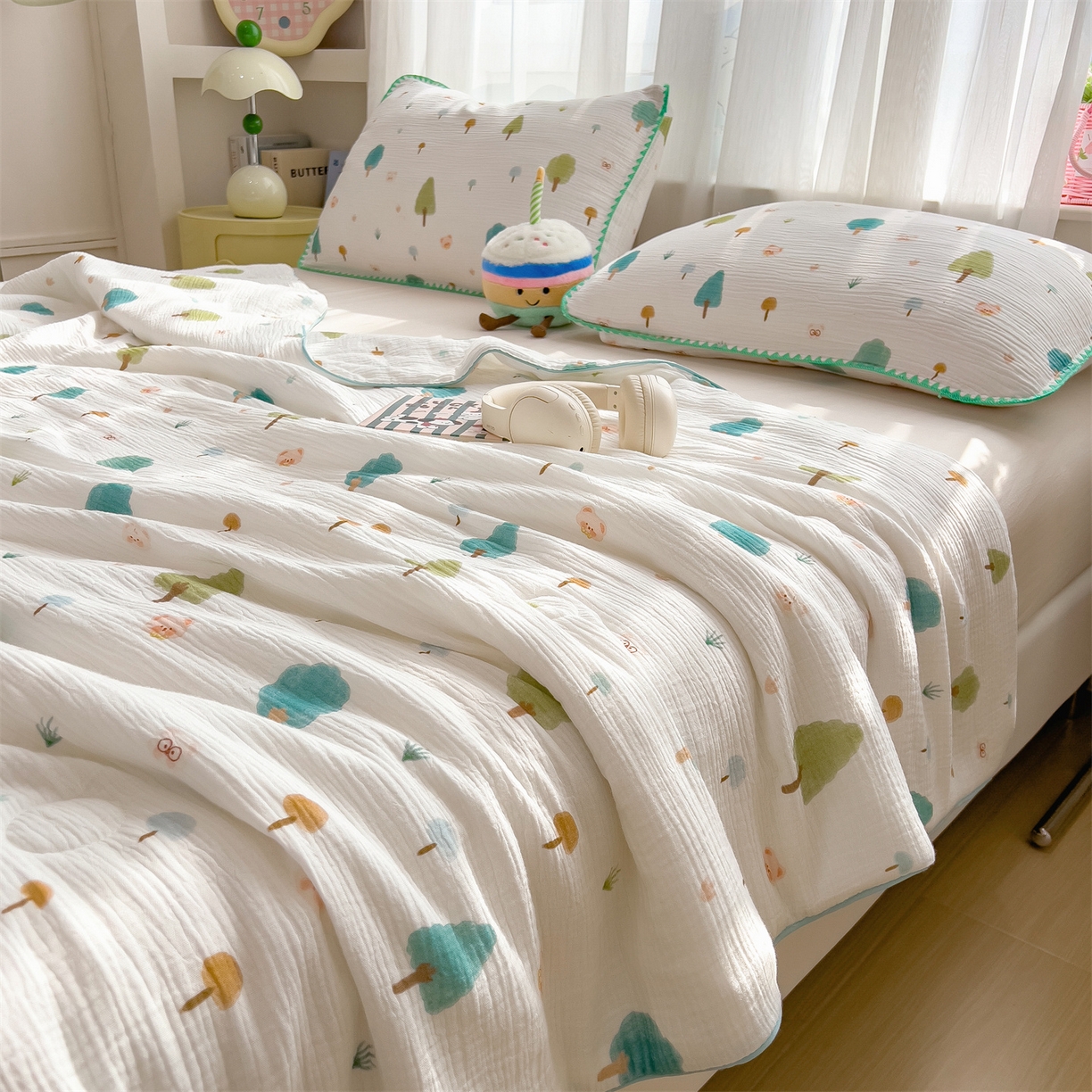 91家纺网 家纺一手货源 找家纺 兄弟坊 2026春夏新款全棉纯棉印花双层皱皱纱(滚边款)夏被纱布夏凉被午睡被盖毯夏凉被 青芽夏