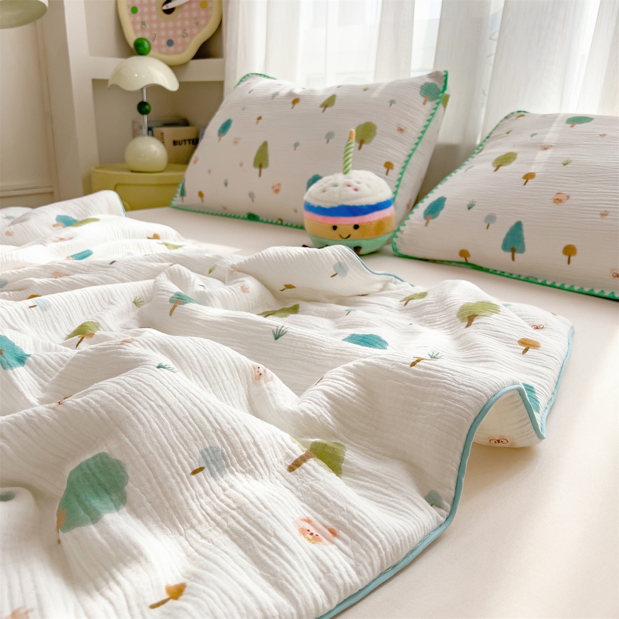 91家纺网 家纺一手货源 找家纺 兄弟坊 2026春夏新款全棉纯棉印花双层皱皱纱(滚边款)夏被纱布夏凉被午睡被盖毯夏凉被 青芽夏