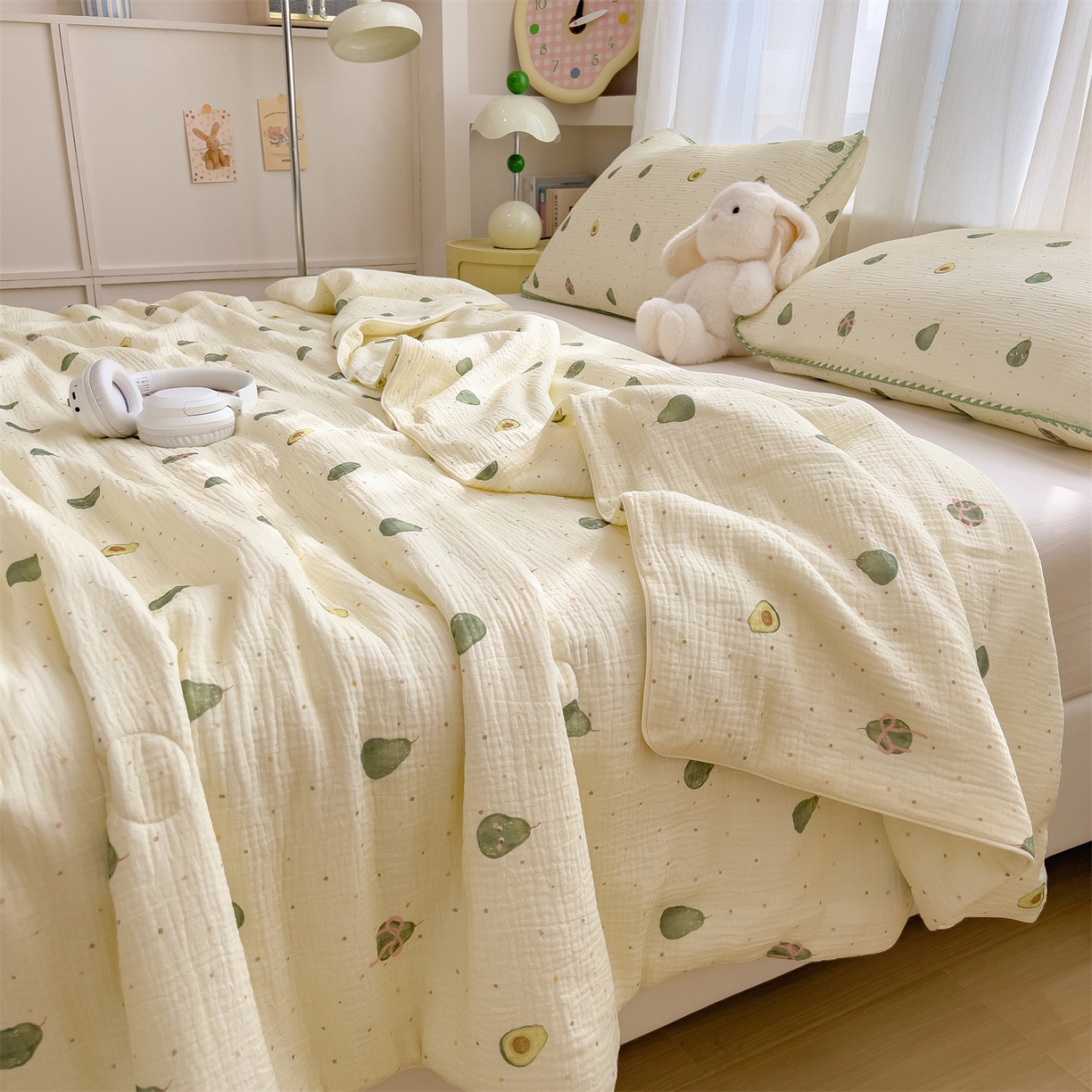 91家纺网 家纺一手货源 找家纺 兄弟坊 2026春夏新款全棉纯棉印花双层皱皱纱(滚边款)夏被纱布夏凉被午睡被盖毯夏凉被 柔青