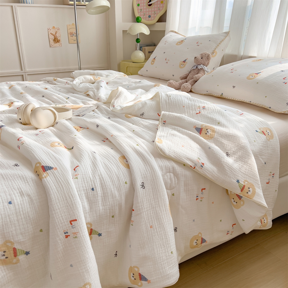 91家纺网 家纺一手货源 找家纺 兄弟坊 2026春夏新款全棉纯棉印花双层皱皱纱(滚边款)夏被纱布夏凉被午睡被盖毯夏凉被 星熊派