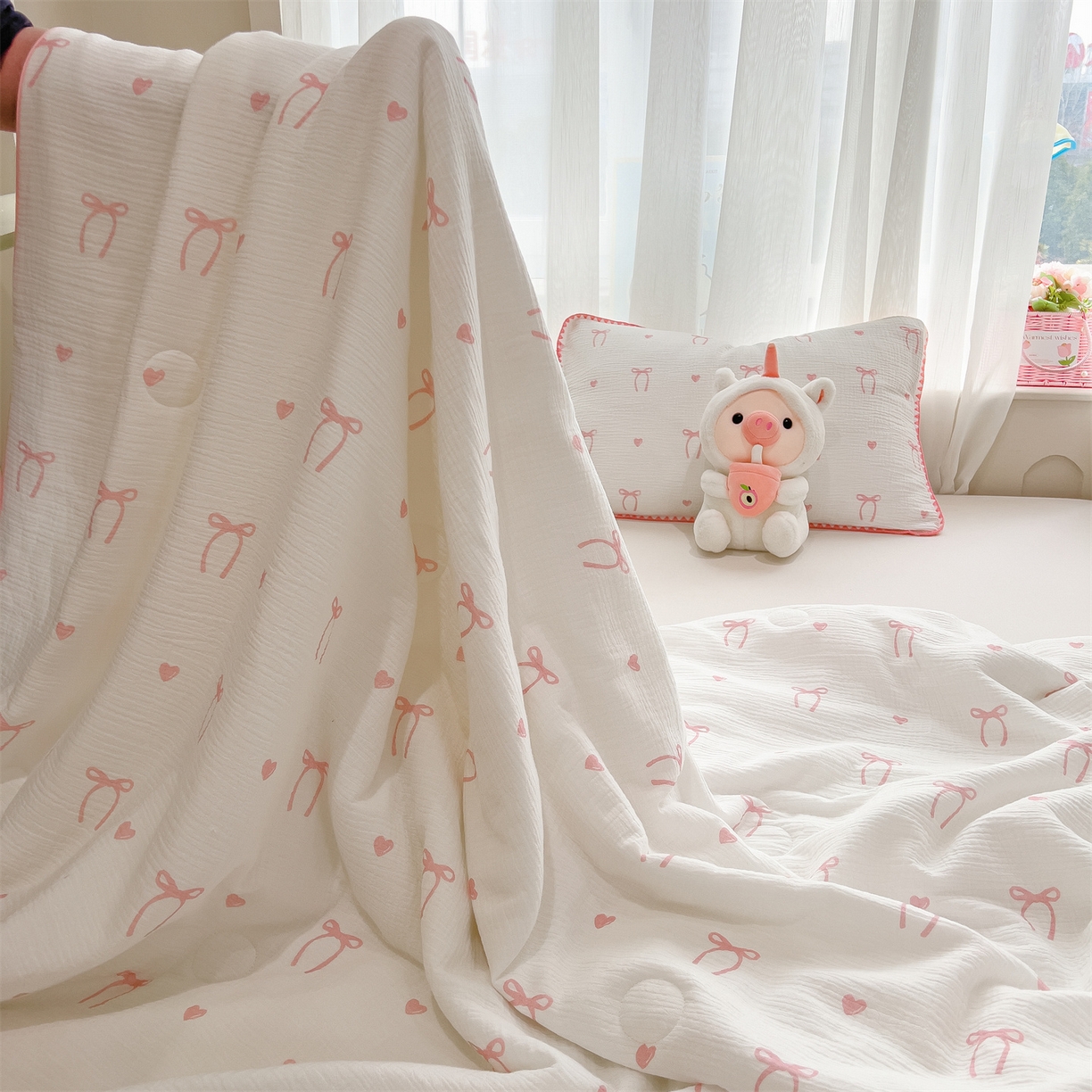 91家纺网 家纺一手货源 找家纺 兄弟坊 2026春夏新款全棉纯棉印花双层皱皱纱(滚边款)夏被纱布夏凉被午睡被盖毯夏凉被 云绮