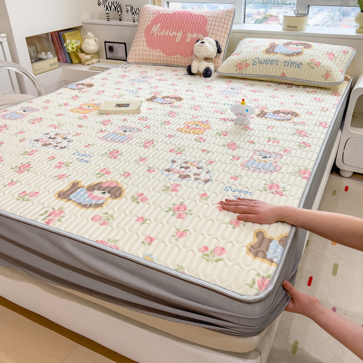 摩妮卡 2026春夏新款凉感丝印花小清新乳胶凉席席子床笠款三件套 蔷薇萌狗