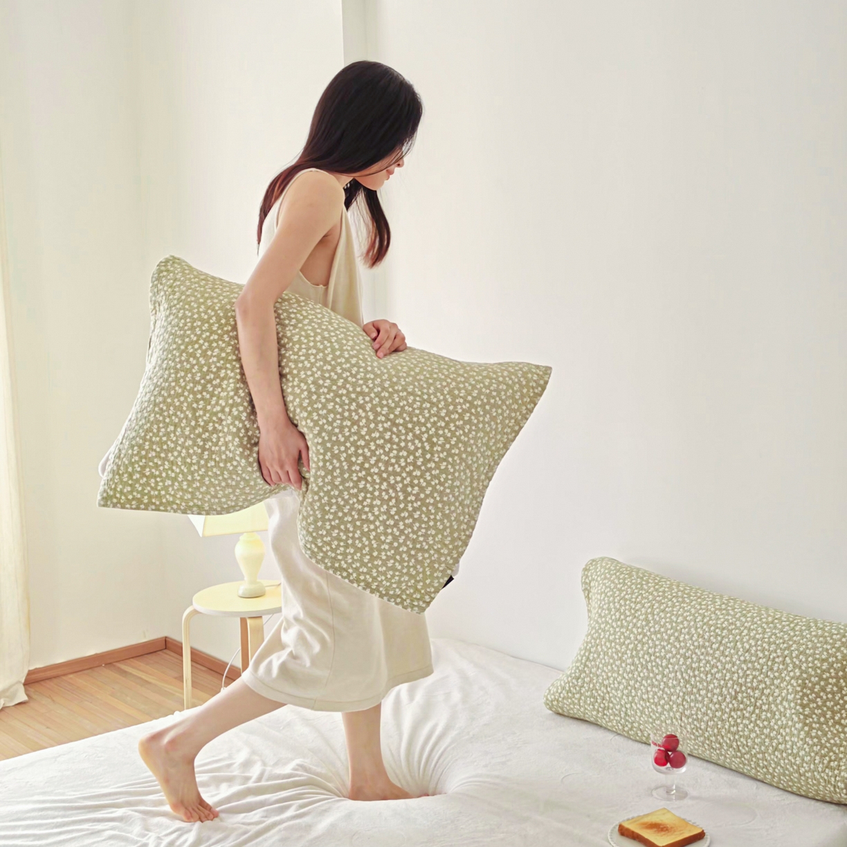 91家纺网 家纺一手货源 找家纺 沐瑟家纺 2026新款卡通小清新枕巾 枫叶 绿色