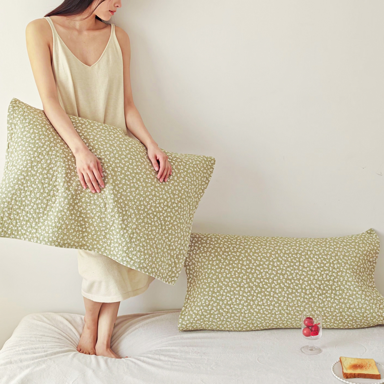 91家纺网 家纺一手货源 找家纺 沐瑟家纺 2026新款卡通小清新枕巾 枫叶 绿色