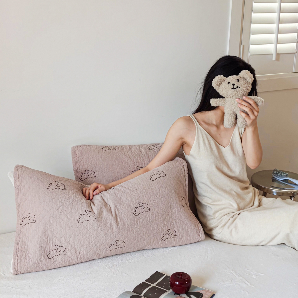 91家纺网 家纺一手货源 找家纺 沐瑟家纺 2026新款卡通小清新枕巾 浅跳兔 粉色