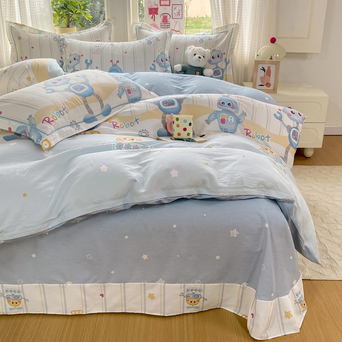 91家纺网 家纺一手货源 找家纺 凌鼎 2026新款多规格掉边全棉印花四件套 萌趣机甲