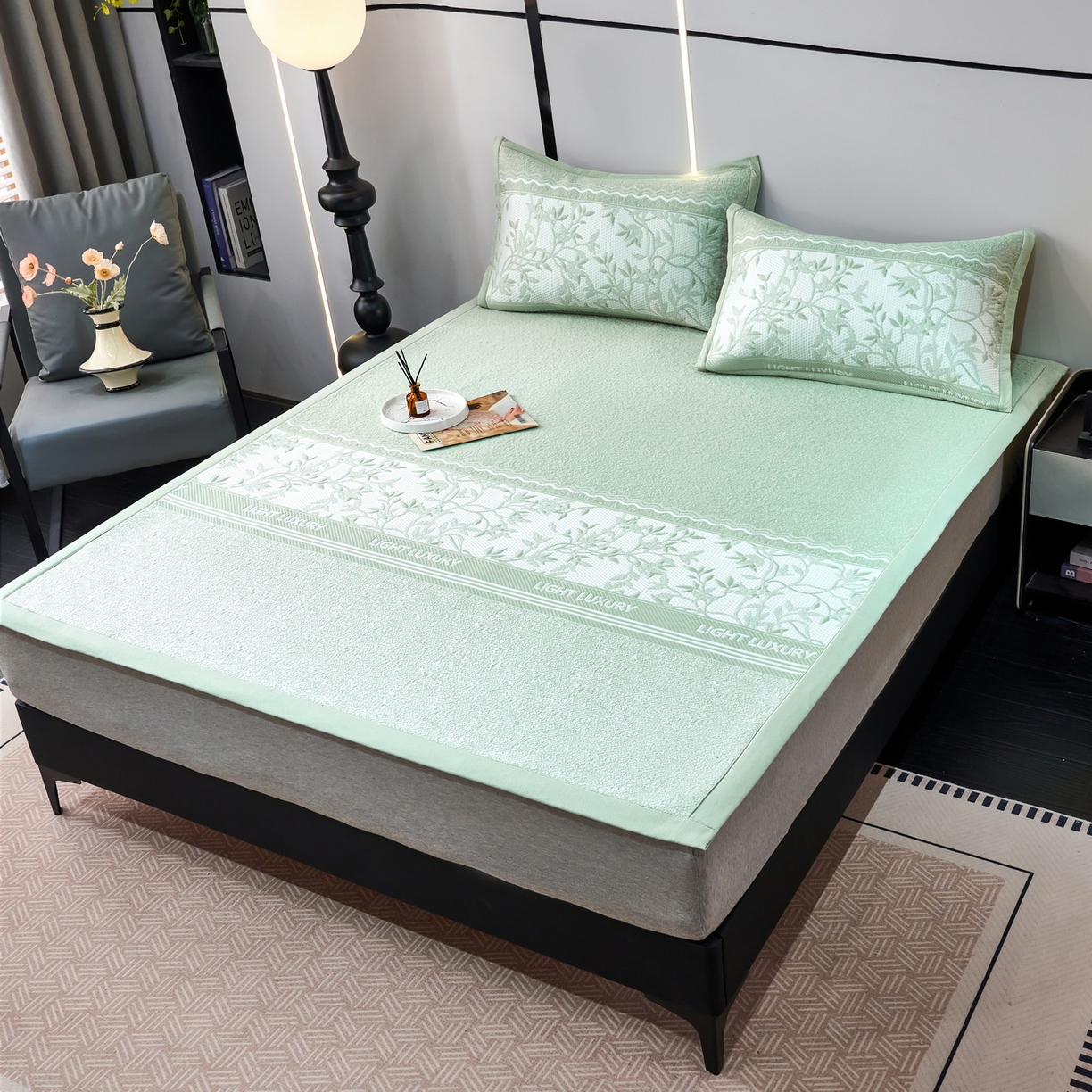 91家纺网 家纺一手货源 找家纺 宜派家纺 2026新款提花PE凉感冰丝席凉席席子三件套 风景-直角绿