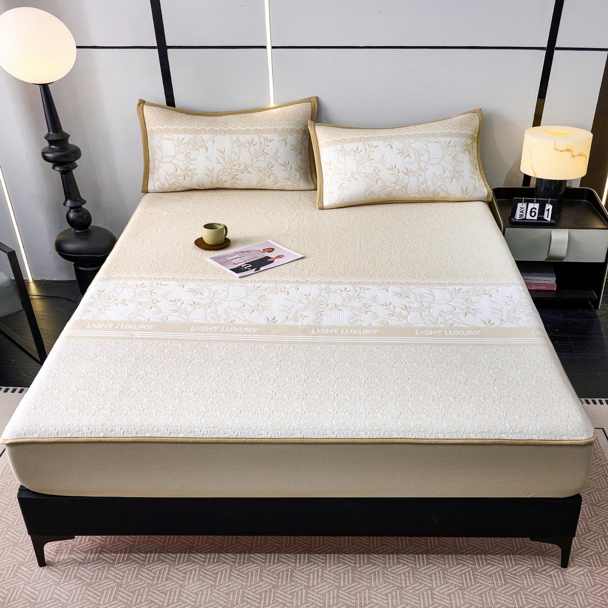 91家纺网 家纺一手货源 找家纺 宜派家纺 2026新款提花PE凉感冰丝席凉席席子三件套 风景-床笠咖