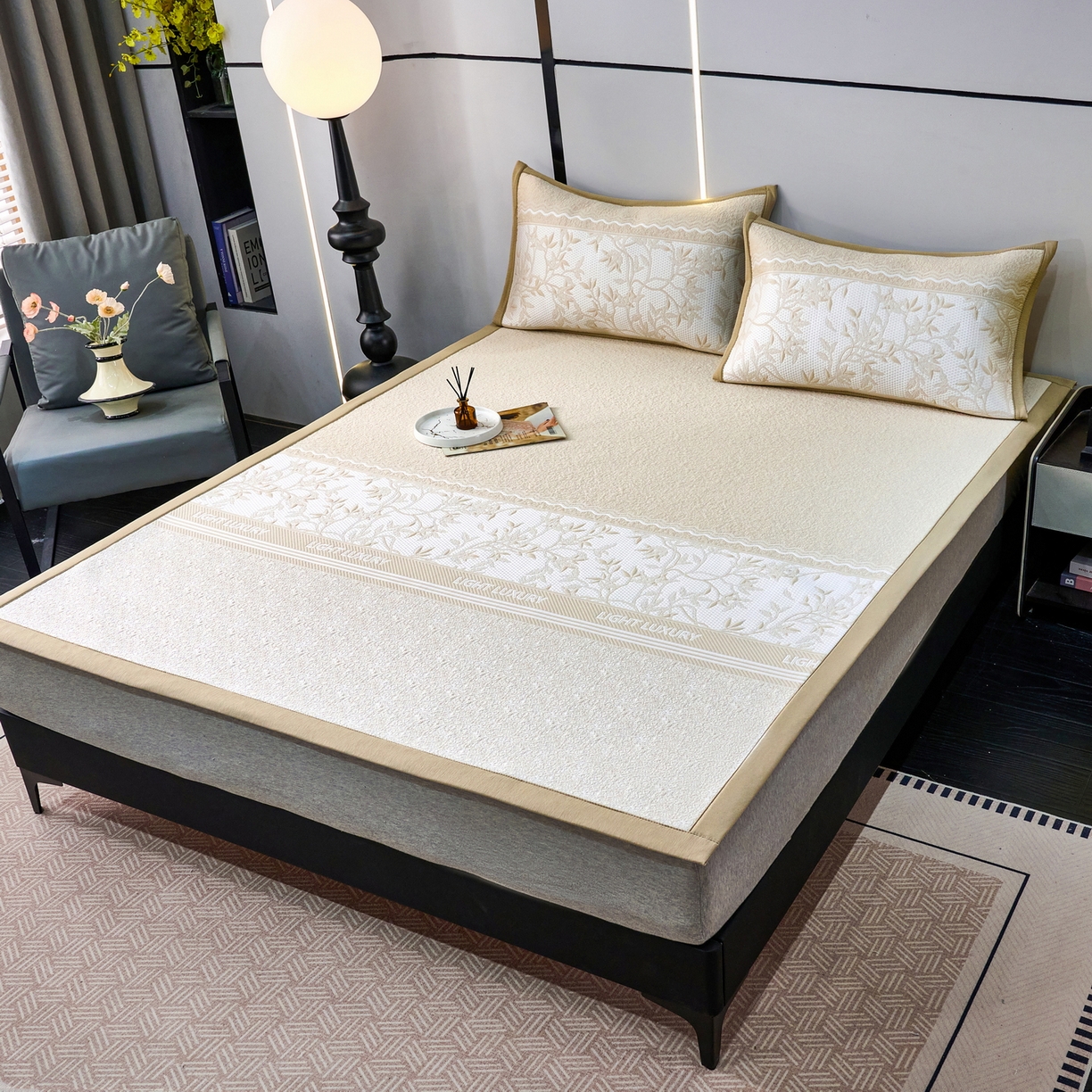 91家纺网 家纺一手货源 找家纺 宜派家纺 2026新款提花PE凉感冰丝席凉席席子三件套 风景-直角咖