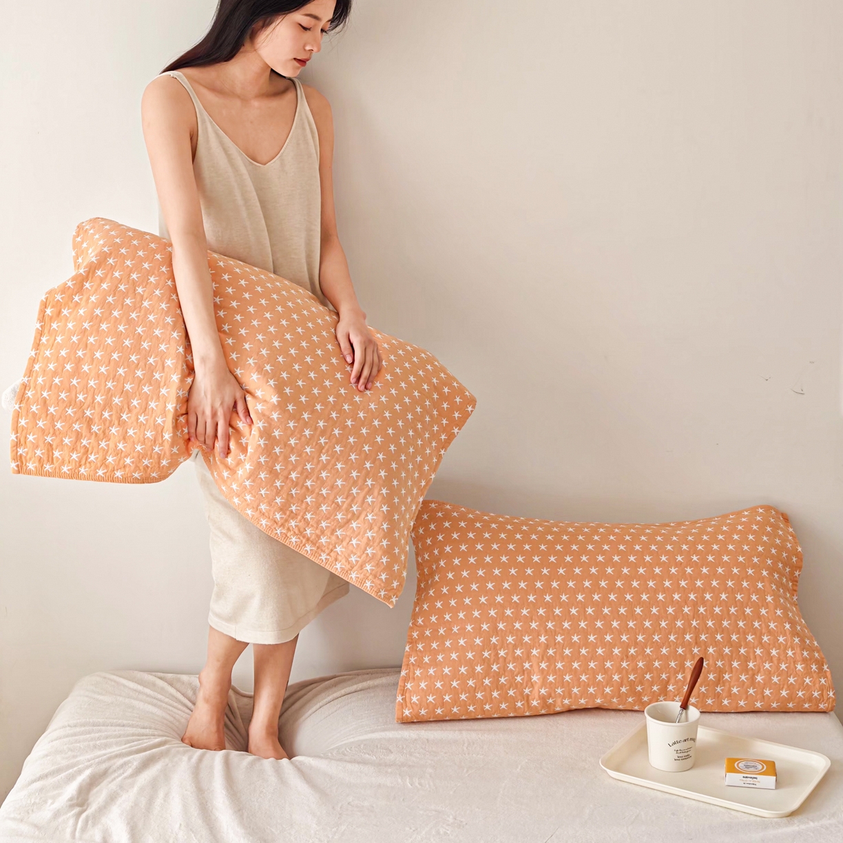 91家纺网 家纺一手货源 找家纺 沐瑟家纺 2026新款卡通小清新枕巾 星星 黄色